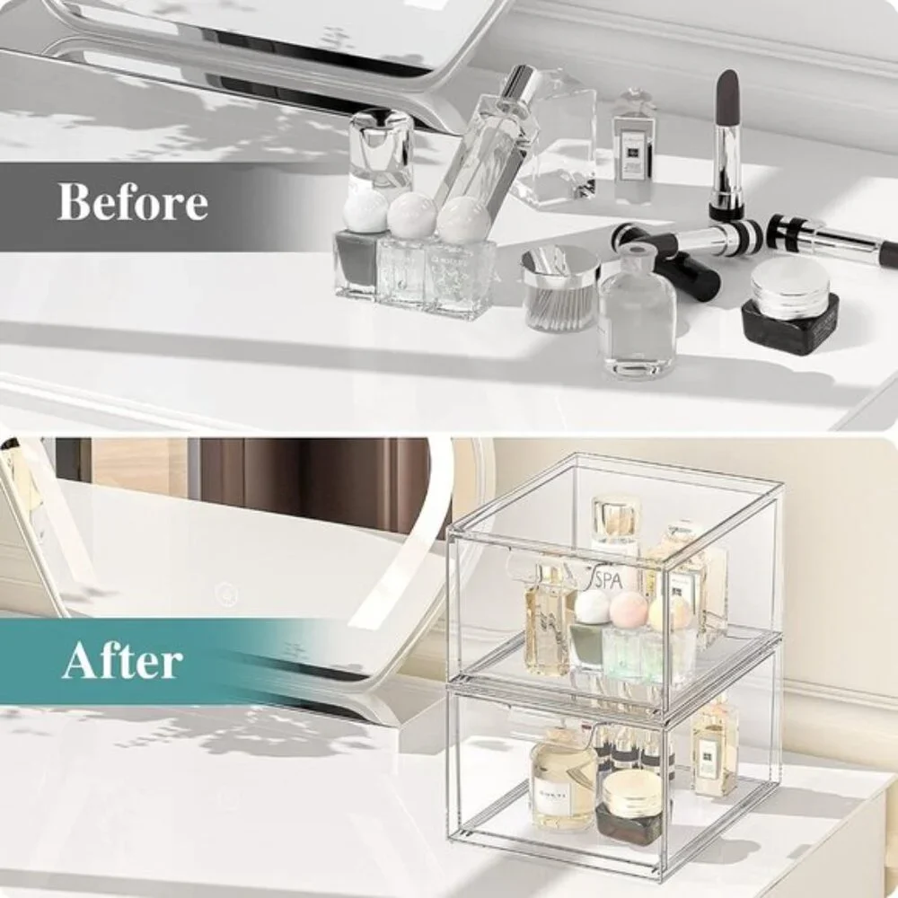 New 2-Pack Stackable Clear Makeup Organizer Drawers for Vanity & Pantry